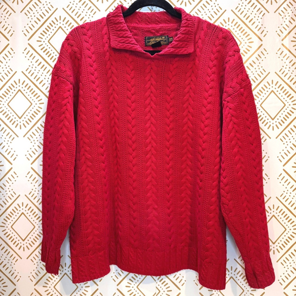 Vintage Eddie‎ Bauer Sweater Women MP Red Cable Knit Cotton Polo Collar Preppy